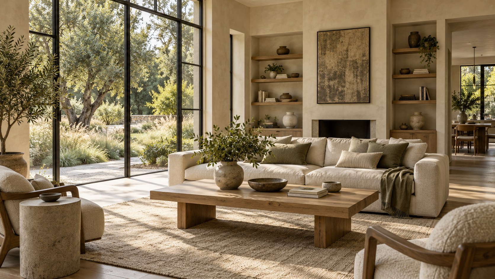 Illustrative interior of a bright living room with natural materials and garden views